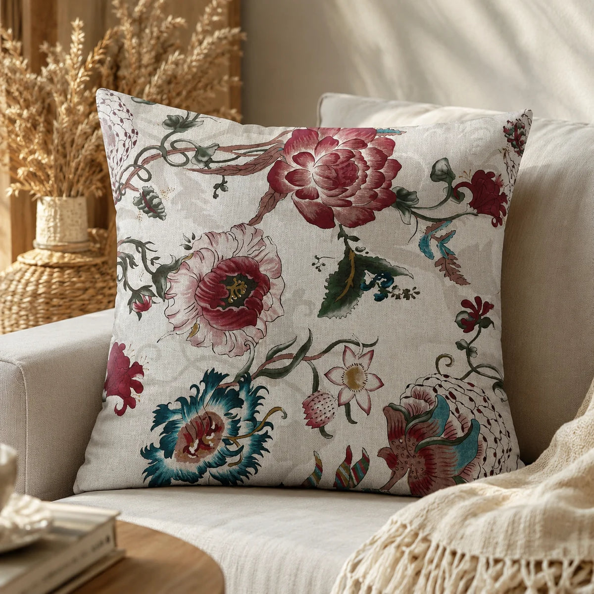 Marie Lou 2'li Set Botanik Desenli Rosalia Kırlent Kılıfı - %100 Pamuk Panama Kumaş - 45x45 cm