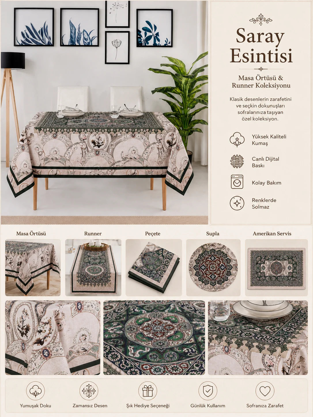 Palace %100 Pamuk Masa Örtüsü Seti-Runner & Amerikan Servis & Supla | Marie Lou Home