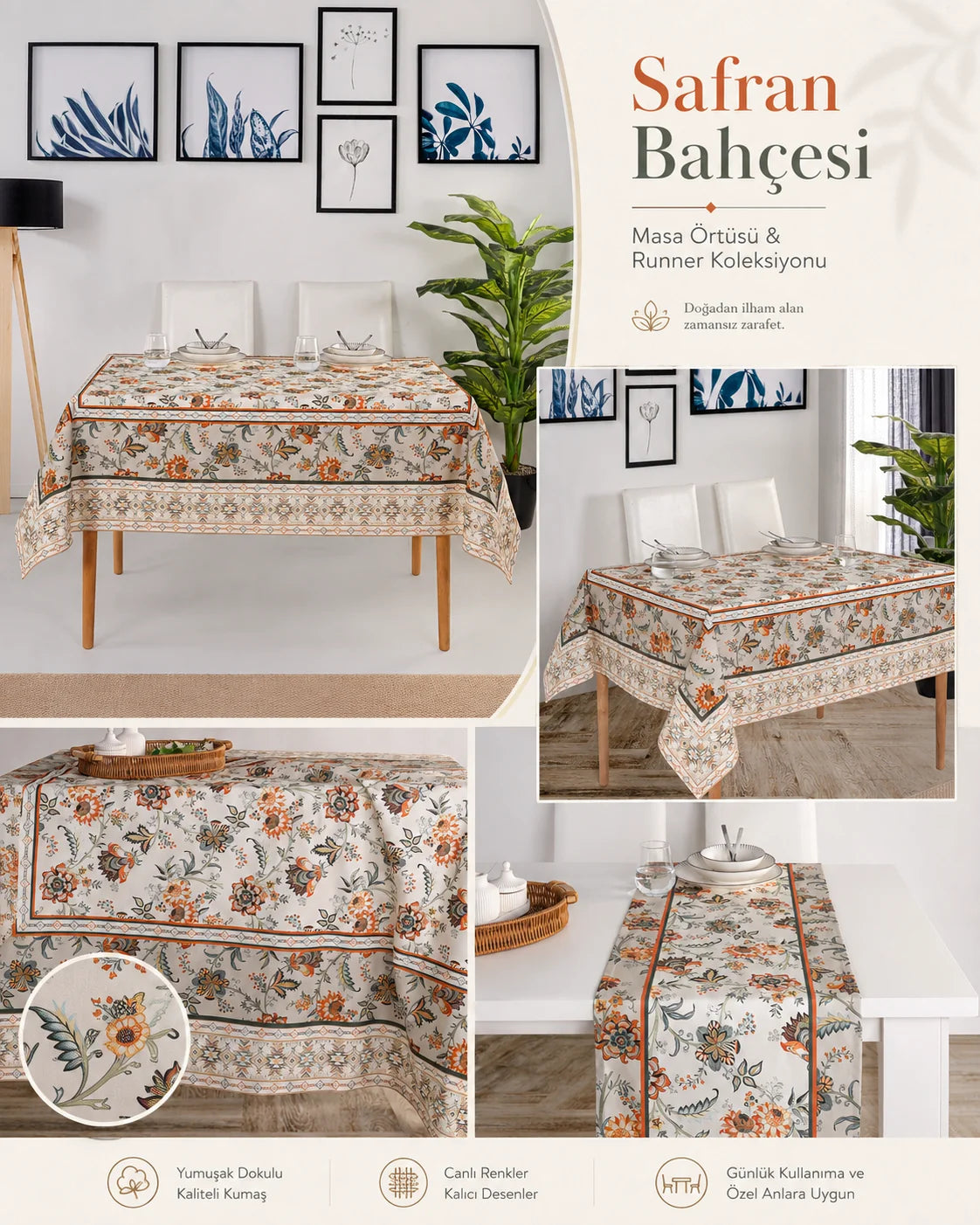 Safran %100 Pamuk Masa Örtüsü Seti-Runner & Amerikan Servis & Supla | Marie Lou Home