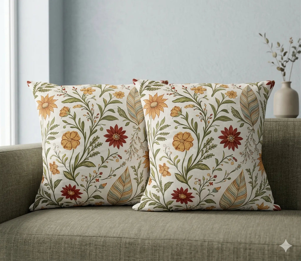 Marie Lou 2'li Set Botanik Desenli Nerisa Kırlent Kılıfı - %100 Pamuk Panama Kumaş - 45x45 cm