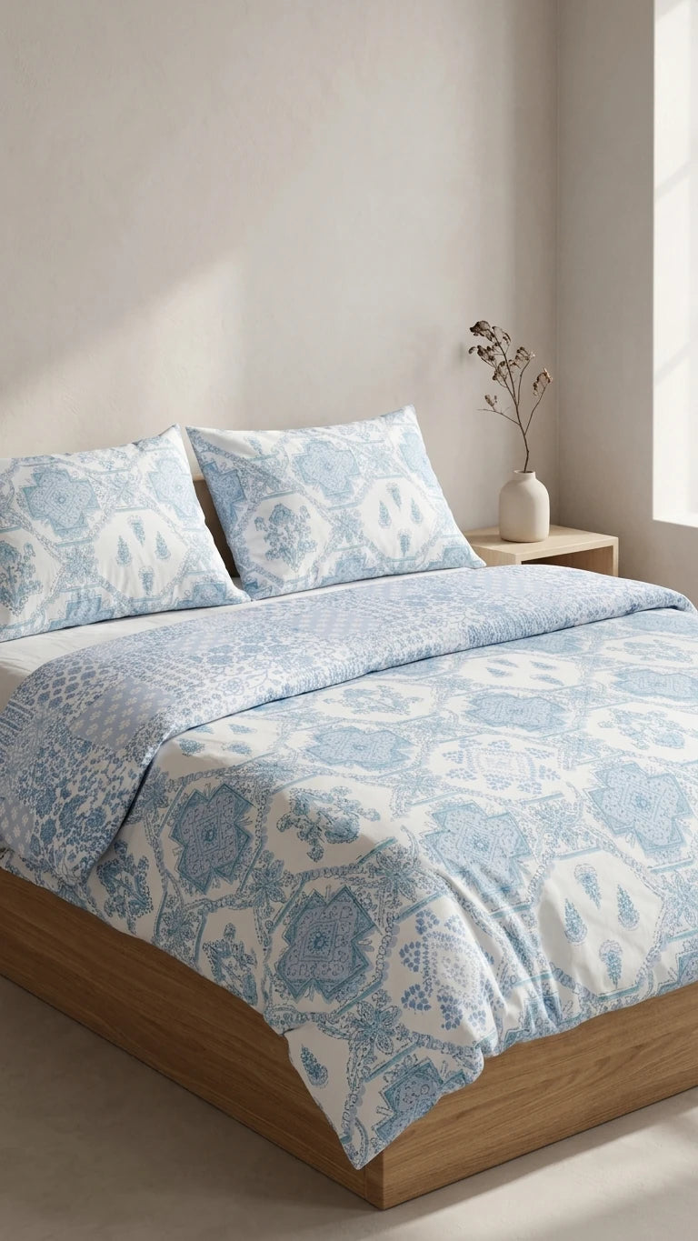 Tavas Mavi Geometrik Çift Kişilik Nevresim Seti 200x220 cm (Çarşafsız)