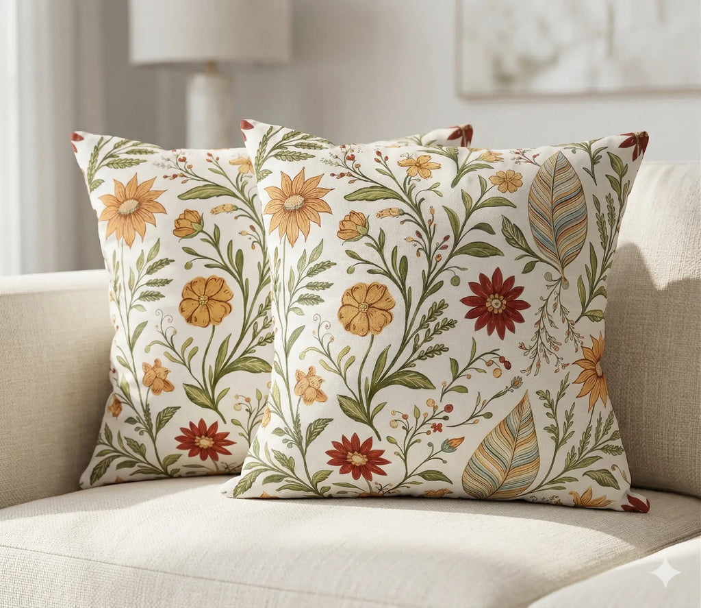 Marie Lou 2'li Set Botanik Desenli Nerisa Kırlent Kılıfı - %100 Pamuk Panama Kumaş - 45x45 cm