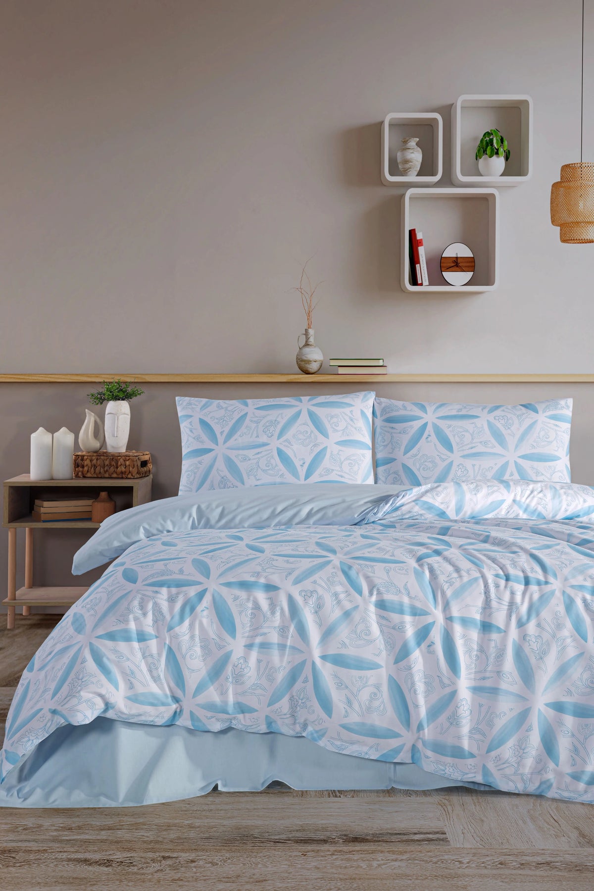 Evelya Blue Çift Kişilik Nevresim Takımı - %100 Pamuk Ranforce, 200x220