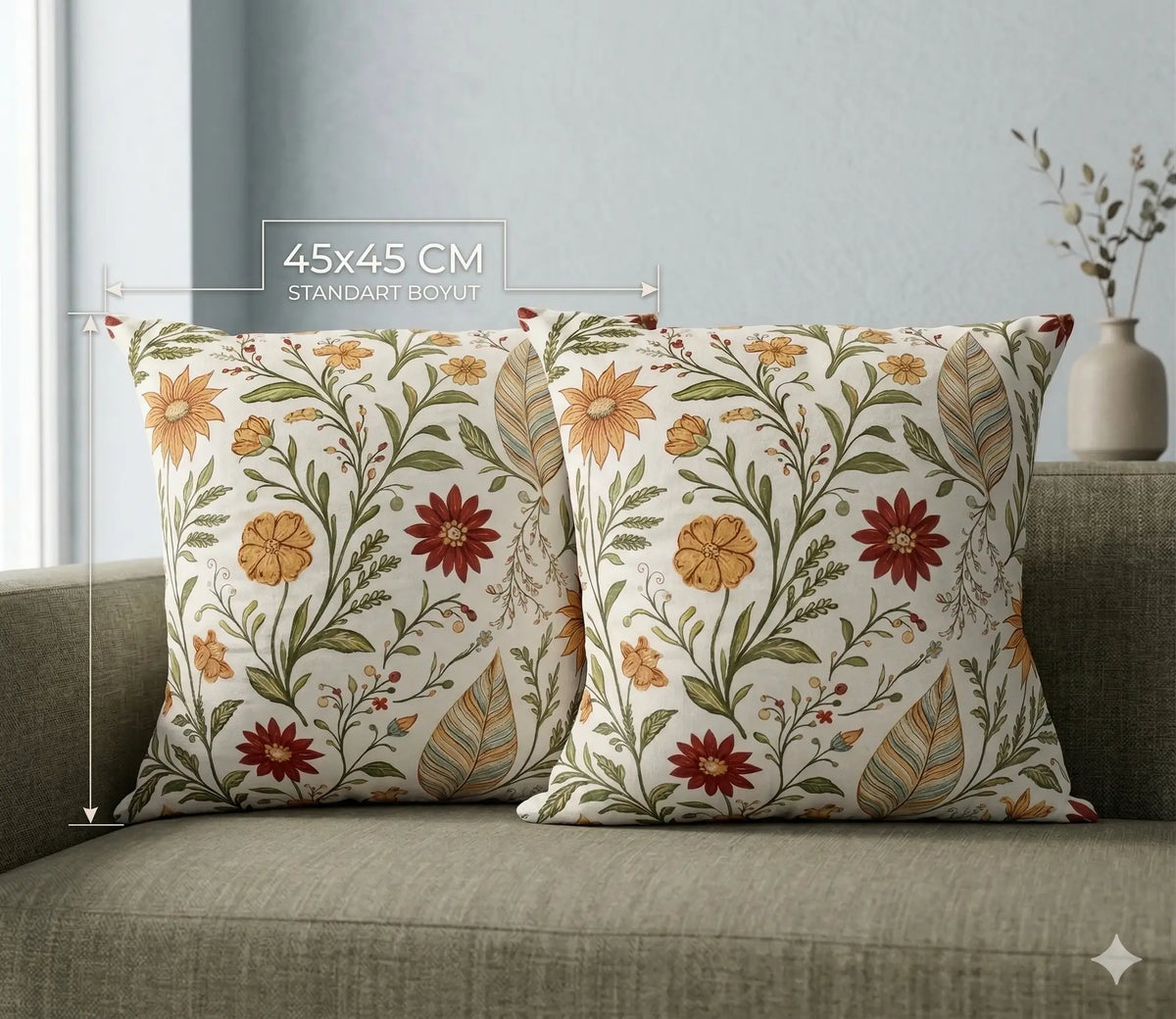 Marie Lou 2'li Set Botanik Desenli Nerisa Kırlent Kılıfı - %100 Pamuk Panama Kumaş - 45x45 cm