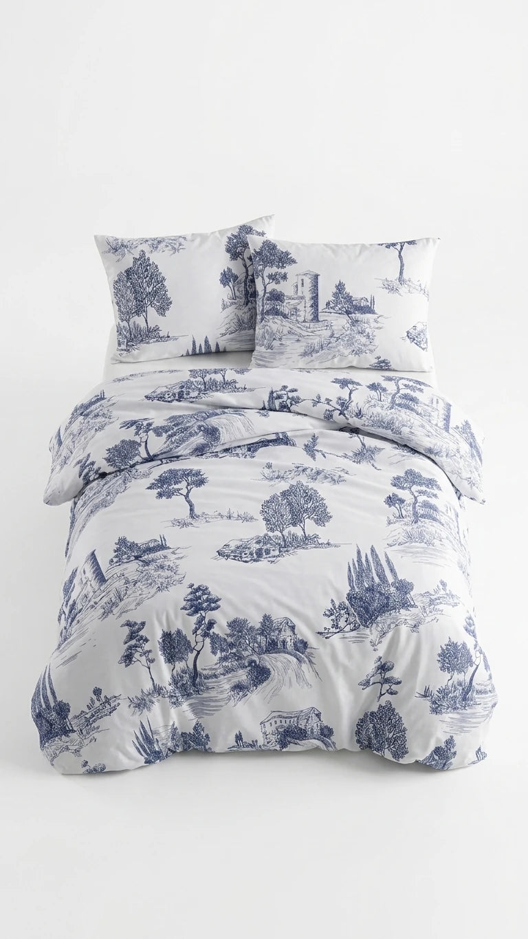 Vintage Blue Çift Kişilik Nevresim Takımı - %100 Pamuk Ranforce, 200x220