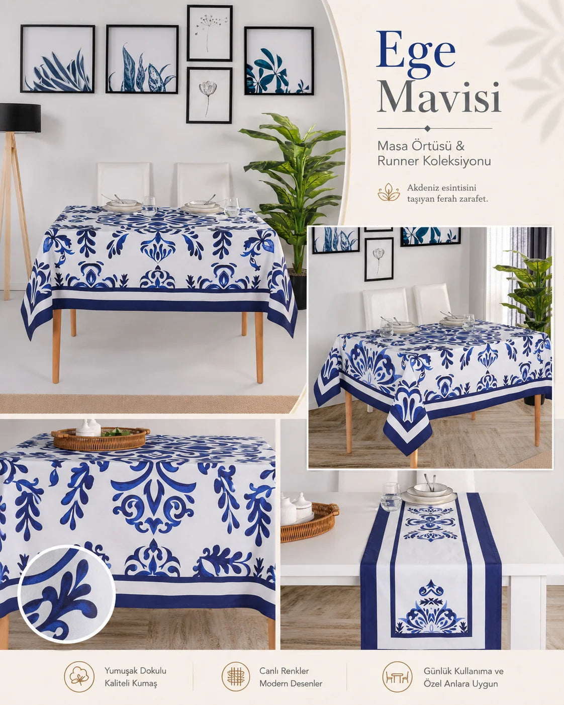 Ege Mavisi %100 Pamuk Masa Örtüsü Seti-Runner & Amerikan Servis & Supla | Marie Lou Home