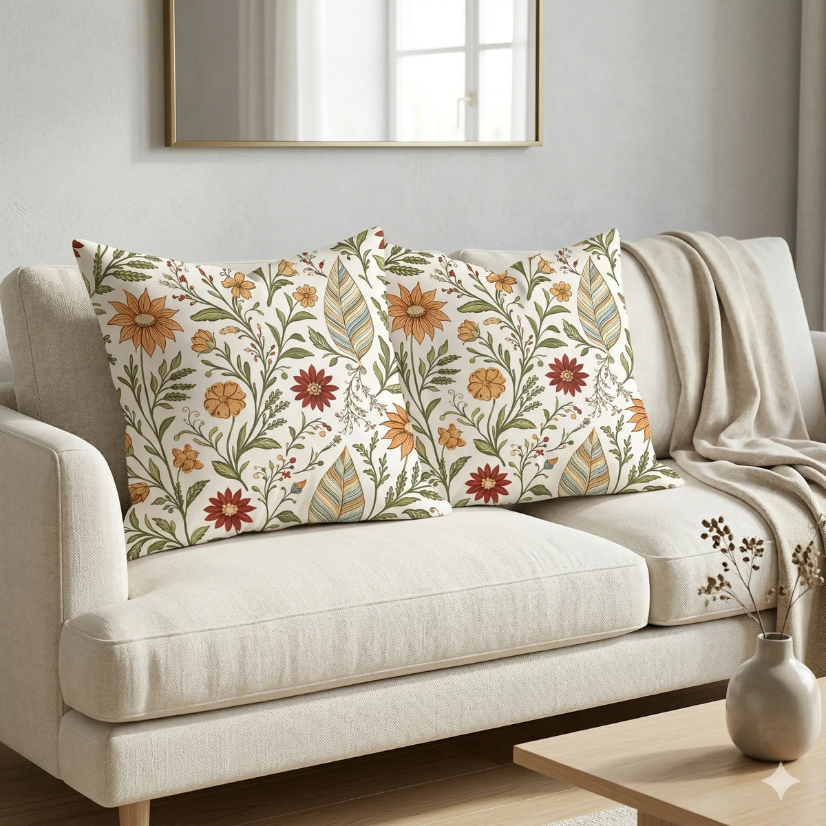 Marie Lou 2'li Set Botanik Desenli Nerisa Kırlent Kılıfı - %100 Pamuk Panama Kumaş - 45x45 cm
