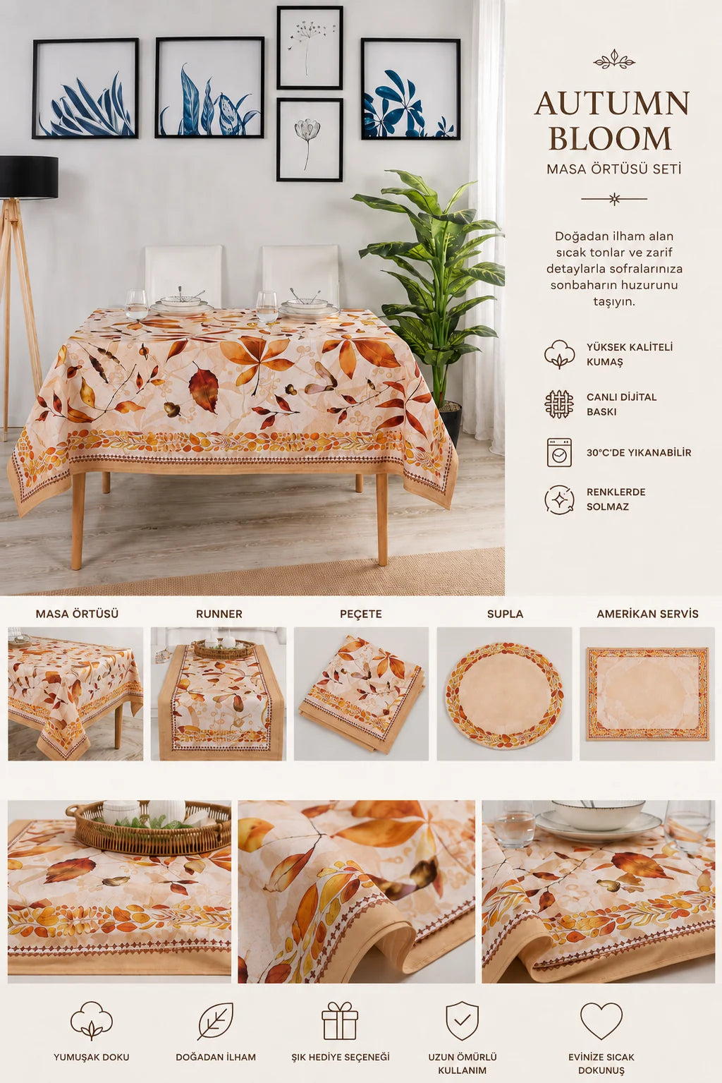 Autumn %100 Pamuk Masa Örtüsü Seti-Runner & Amerikan Servis & Supla | Marie Lou Home