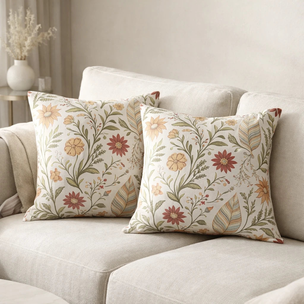 Marie Lou 2'li Set Botanik Desenli Nerisa Kırlent Kılıfı - %100 Pamuk Panama Kumaş - 45x45 cm